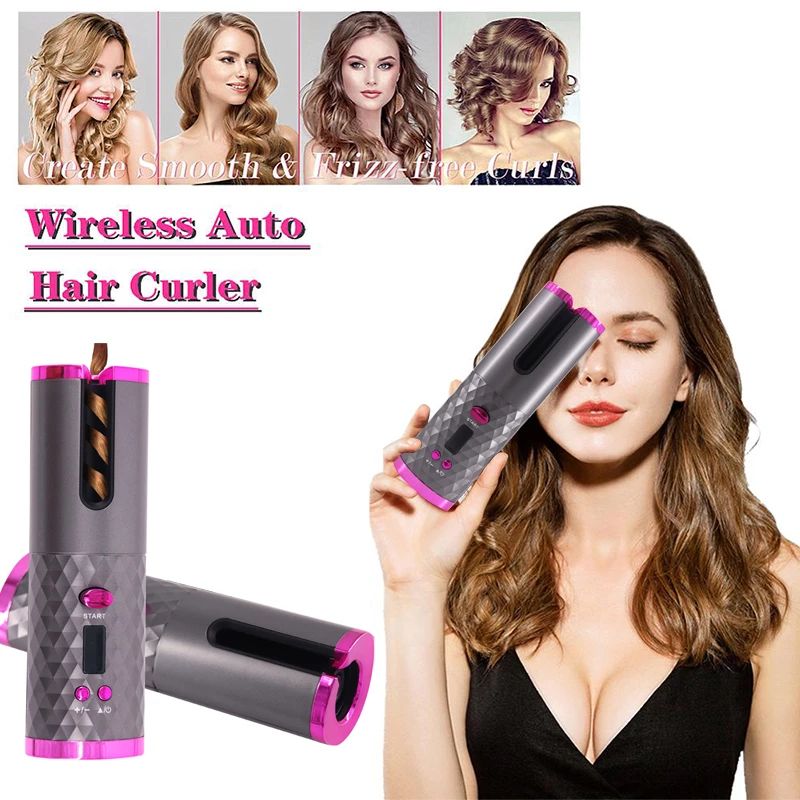 Curling Iron Cordless Automatic Hair Curler USB Rechargeable Curls Waves LCD Display Ceramic Curly Rotating Curling Wave Styer